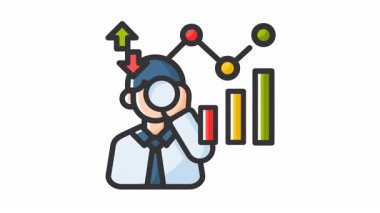 İnsanlı tahmin çizelgesi ve büyüteç sınav işareti. Finansal kavramlar, para yönetimi, tasarruf, yatırım analizi ve iş stratejisi için uygundur