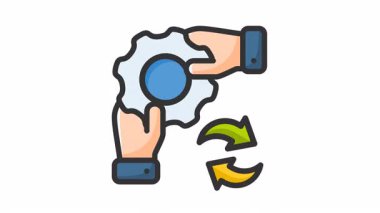 Değiş tokuşu gösteren okları olan iki el kameralı animasyon ortaklığı; işbirliği, ortaklık, takım çalışması, iş transferi ve teknoloji kavramları için uygun