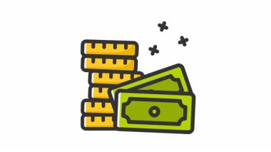 Birikmiş altın paralar ve yeşil banknotlarla yapılan animasyon para zenginliği ve finansal başarıyı simgeliyor. Finans, yatırım, bankacılık ve parayla ilgili kavramlar için ideal