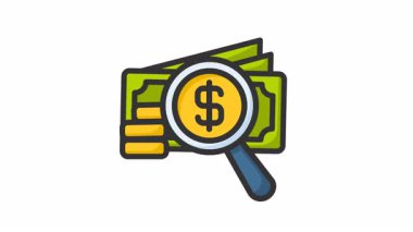 Büyüteç, dolar işareti, yığınla para ve bozuk para ile yapılan animasyon para araması. Tasarım projelerinde mali soruşturma veya parayla ilgili kavramlar için uygundur