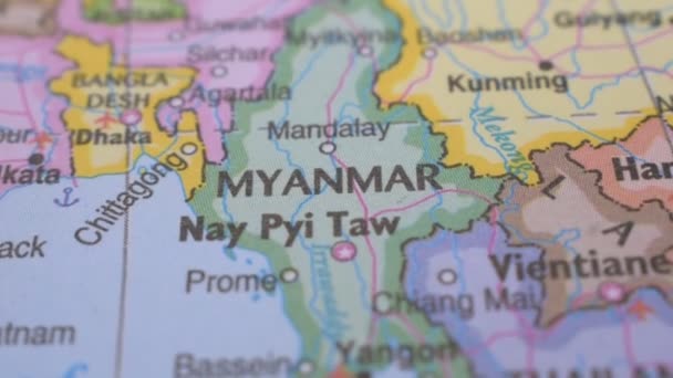 Расположение Мьянмы Политической Карте Концепция Путешествия Макро Крупный План — стоковое видео