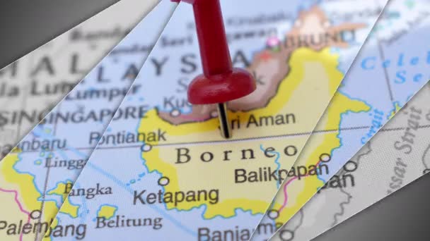 Elegante Scorrevole Animazione Push Pin Indicazione Area Geografica Borneo Sulla — Video Stock