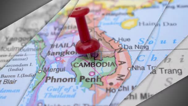 Элегантная Анимация Слайдов Push Pin Pointing Географического Района Камбоджи Карте — стоковое видео
