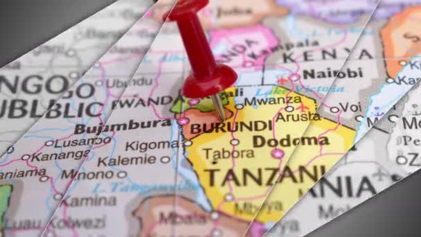Une Élégante Diapositive Animation Push Pin Pointing Zone Géographique Burundi — Video