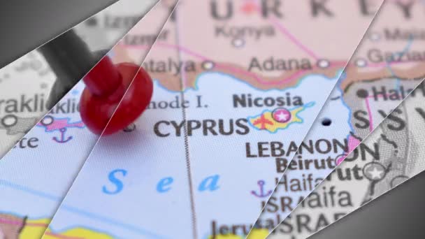 世界地図上のプッシュピンの地理的領域キプロスを指すエレガントなスライドアニメーション — ストック動画