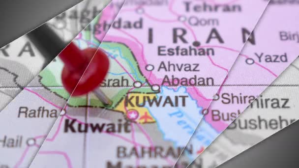 Елегантна Анімація Слайдів Кувейту Push Pin Вказуючи Географічну Область Карті — стокове відео