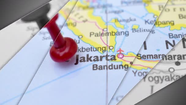 Elegancka Animacja Slajdów Dżakarty Push Pin Pointing Geographic Area World — Wideo stockowe