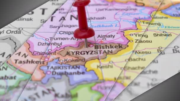 Uma Animação Elegante Corrediça Kyrgyzstanpush Pin Que Aponta Área Geográfica — Vídeo de Stock