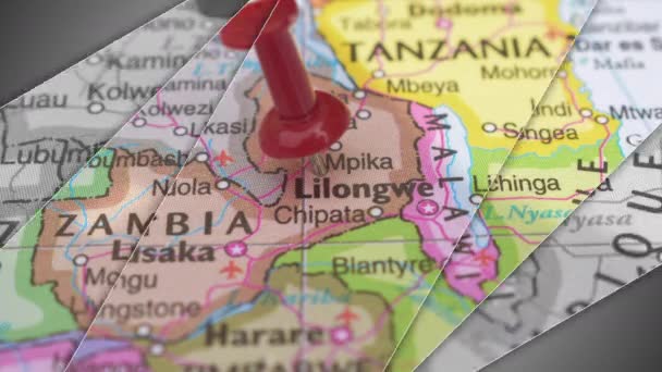 Una Elegante Animación Diapositivas Lilongwe Push Pin Señalando Área Geográfica — Vídeo de stock