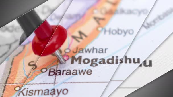 Elegáns Diavetítés Animáció Mogadishu Push Pin Mutató Földrajzi Terület Világtérképen — Stock videók