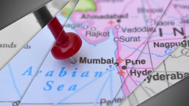 Elegant Bildspel Animation Mumbai Push Pin Peka Geografiskt Område Världskartan — Stockvideo