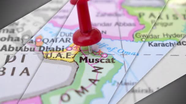 Elegancka Animacja Slajdów Muscat Push Pin Pointing Geographic Area World — Wideo stockowe