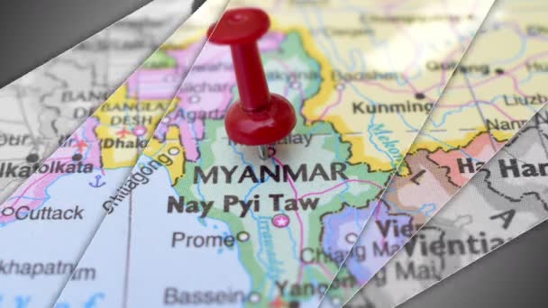 Elegant Bildspel Animation Myanmar Push Pin Peka Geografiskt Område Världskartan — Stockvideo