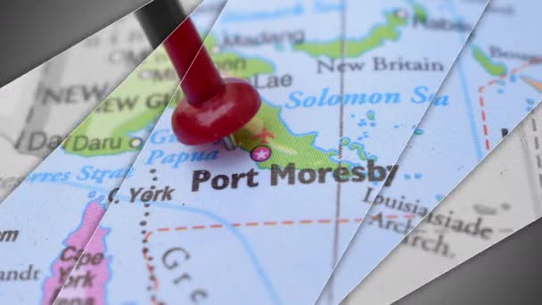 Animasi Elegan Slide Port Moresby Push Pin Pointing Geographic Area — Stok Video