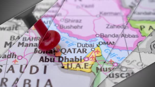 Елегантна Анімація Слайдів Катару Push Pin Вказує Географічну Область Світовій — стокове відео