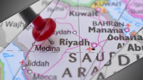 Elegant Bildspel Animation Riyadh Push Pin Peka Geografiskt Område Världskartan — Stockvideo