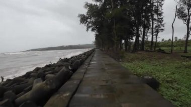 Beton bloklar ve ağaçlarla sahil şeridinde taş yol.