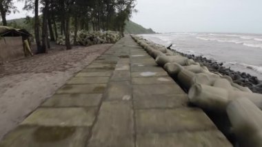 Beton bloklar ve ağaçlarla sahil şeridinde taş yol.