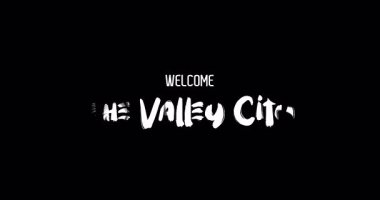 Valley City 'ye hoş geldiniz. Kalın Metinde Büyük Şehir Adı Grunge Geçişi 'nin Kara Arkaplan Animasyon Efekti