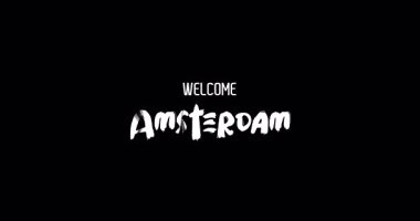 Hoş geldin Amsterdam. Kalın Metinde Büyük Şehir Adı Grunge Geçişi 'nin Kara Arkaplan Animasyon Efekti