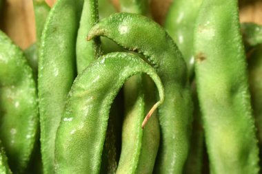 Taze Sümbül Fasulyesi Grubu ya da Ahşap Masadaki Aynı Ki Phalli Arka plan bulanıklığı ile Yakın plan