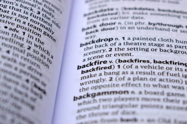 English Definition Dictionary Of Printed Word - Backfire  Close Up  Image