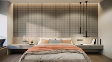 Modern model yatak odası iç tasarımı ve bej ve gri renkli dekorasyonu 4K video 4K, çizgili duvar kiremit ahşap parke döşeme ve defne penceresinde bank. 3D yatak düzenleme sahnesi.