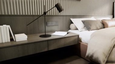 4K video modern yatak odası tasarımı ve bej gri ve beyaz renkli dekorasyon, çizgili duvar ve ahşap zemin. 3d oluşturma.