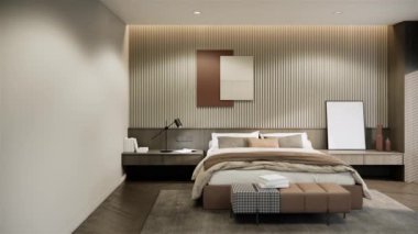 4K video modern yatak odası iç tasarım ve dekorasyon odası. 3D model daire, otel ya da apartman dairesi.