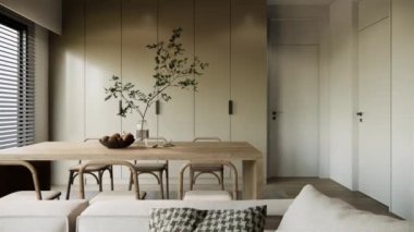 4K video modern interio oturma odası tasarımı ve dekorasyonu dünya tonunda minimum düzeyde. 3D sunum dairesi. Görüntüyü büyüt