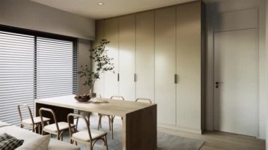 3D modern stil modelleme odası iç tasarım dünya tonu ve doğal mobilya ve duvar, kumaş kanepe gri kapuçin ahşap yemek masası ve sandalyeler. 4K video stüdyo daire sahnesi.