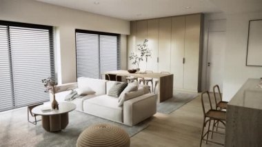 Modern iç mekan tasarımı dünya renginde minimum renk mobilya ve duvar, mutfak tezgahında inşa edilmiş ve dolaplar pencereleri kör ediyor. 4K video 3d görüntüleme.