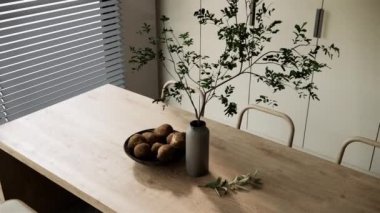 Video 4K ahşap yemek masasını kapatın ve perdelerin penceresinden güneş ışığını açın. 3D görüntüleme iç mekan.