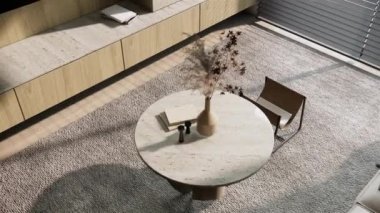 4K video 3D canlı üst görünüm görüntüsü. Modern iç mimari oda tasarımı ve dekorasyonu toprak tonunda bej kumaş kanepe kahve masası boş TV ekranı güneş ışığı ve gölgeli pencere..