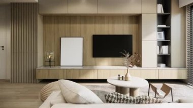 3 boyutlu modern daire iç tasarımı ve dekorasyonu minimal stil bej ve toprak renginde ahşap döşeme ve panjurların 4K video animasyon pencerelerinden gelen televizyon güneş ışığıyla duvarda inşa edilmiş..