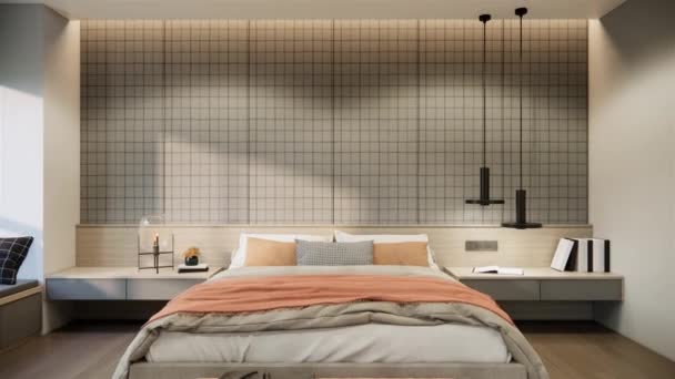Video Modern Mockup Lägenhet Sovrum Inredning Och Dekoration Beige Och — Stockvideo
