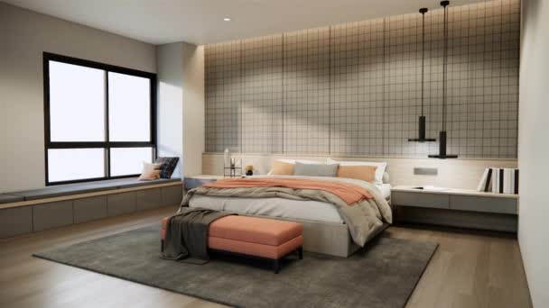 ベッドルームのインテリアデザインとモックアップルームホテル アパート マンションの装飾の4Kビデオ 3Dレンダリングアニメーション寝具シーン — ストック動画