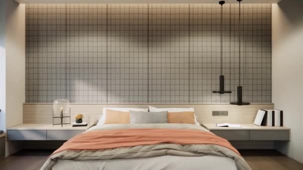 现代造型公寓居室室内设计和装修均采用米黄色和灰色 墙板地板为黑色框架 窗台上为长椅 3D渲染床上用品场景 视频4K — 图库视频影像