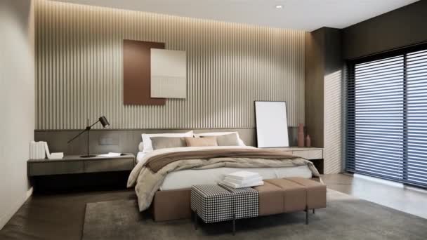室内3D渲染视频4K造型卧室设计和装饰米色和灰色条纹墙木窗地板 — 图库视频影像