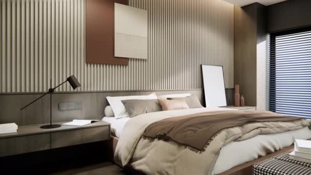 Modern Zarif Yatak Odası Tasarımı Dekorasyonunun Videosu Canlandırma Dairesi — Stok video