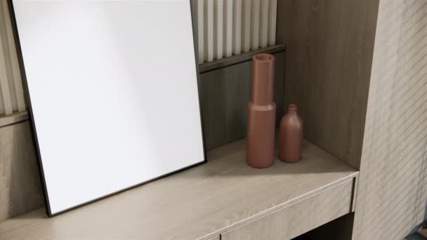 Zamknij Wnętrza Pokoju Projektowania Dekoracji Kolorze Beżowym Drewniane Puste Ramki — Wideo stockowe