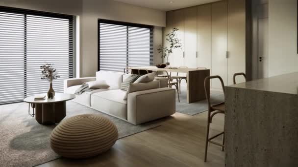 客房室内设计米色和土色现代简约风格家具和墙体 面料沙发灰帽木窗帘窗木地板 3D渲染内部场景 — 图库视频影像