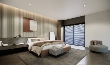 3D modelleme modern yatak odası iç tasarım ve dekorasyonla bej ve gri renkli yatak örtüsü kumaş kanepe gri halı ahşap pencere ve çizgili duvar.