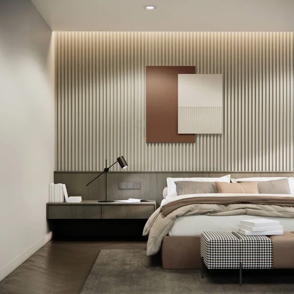 グレーとベージュの色の壁と木製の寄木細工の床で3Dレンダリング現代の寝室のインテリアデザインと装飾 — ストック写真