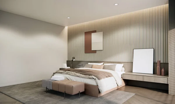 3Dレンダリングモックアップアパートのベッドルームインテリアベージュとグレーの色の壁とカーペットの空の写真フレームとモダンなデザインと装飾壁と木製の寄木細工の床 — ストック写真