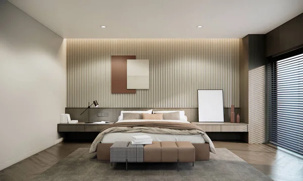 グレーとベージュの色の寝具グレーカーペット黒木製のブラインドのモダンなベッドルームのインテリアデザインと装飾 正面の3Dレンダリングルーム — ストック写真