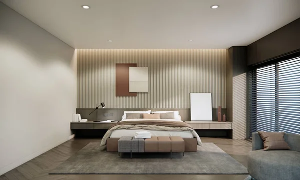 Desain Interior Kamar Tidur Modern Dan Dekorasi Dengan Warna Abu — Stok Foto