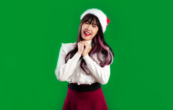 Buon Natale Giovane Donna Asiatica Rosso Bianco Costume Natale Indossa — Foto Stock