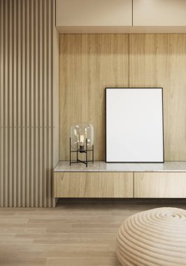 3 boyutlu modern iç tasarım ve dekorasyon raf ve çekmecede ahşap..