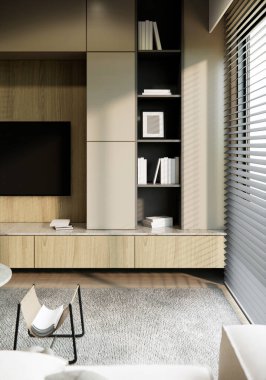 3D iç mimari tasarım ve dekorasyon ahşap dolaplar ve televizyon raf güneş ışığı pencereleri dikey görüntü bağlar.